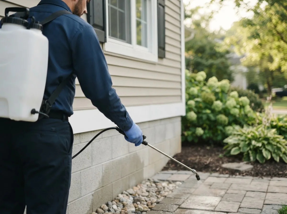 Pest control technician inspecting a home in Fairfield, IL